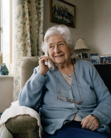 An older woman smiling as she talks on her home phone