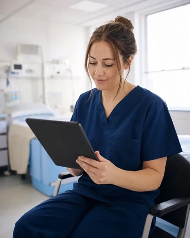 A nurse reviewing a completed record on a tablet