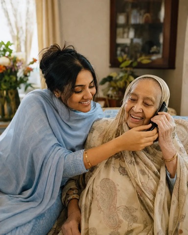 A young woman helping her grandmother with a phone call