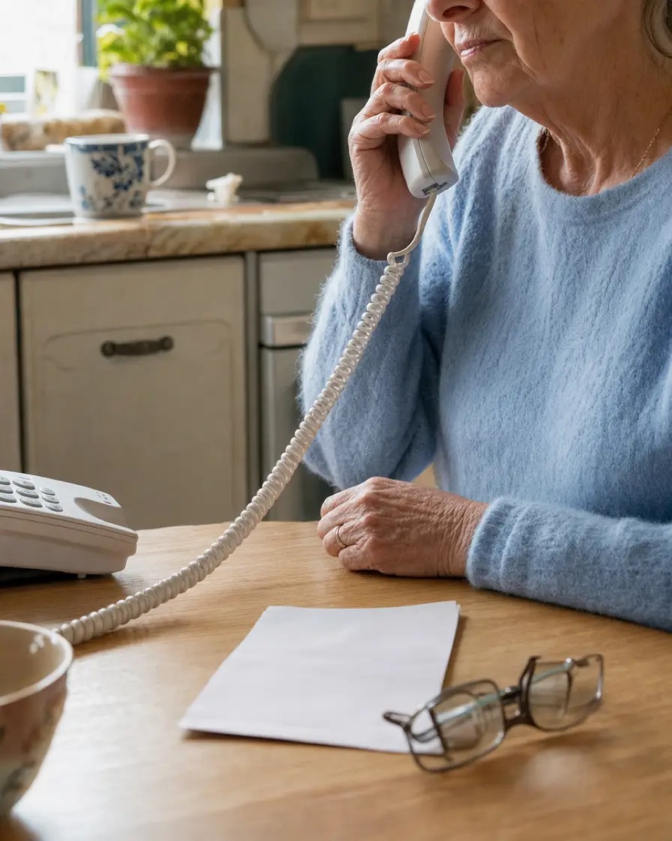 An older woman at her kitchen table holding the phone, an appointment letter beside her