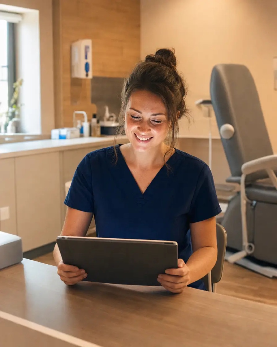 A pre-assessment nurse smiling at a completed record on her tablet