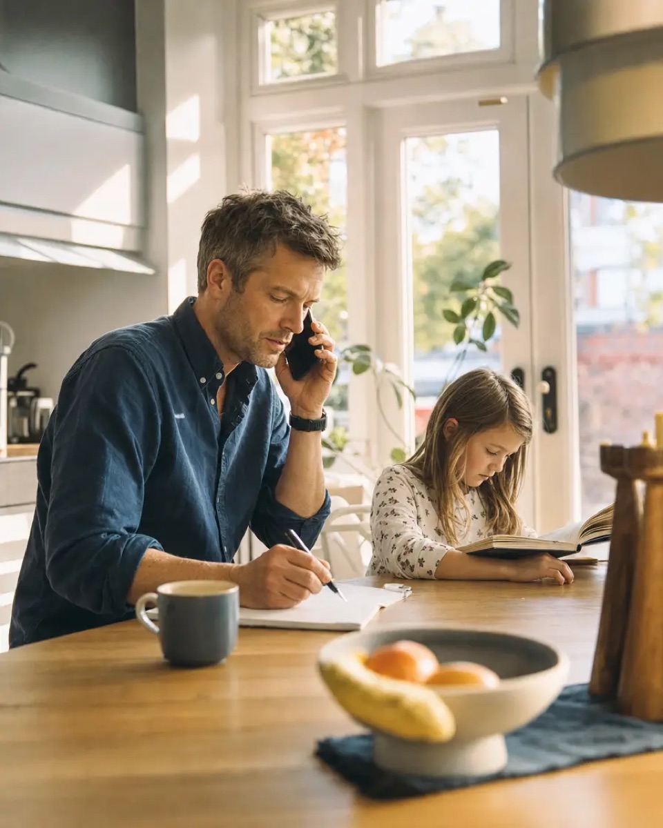 A father on the phone at the kitchen table while his daughter does her homework